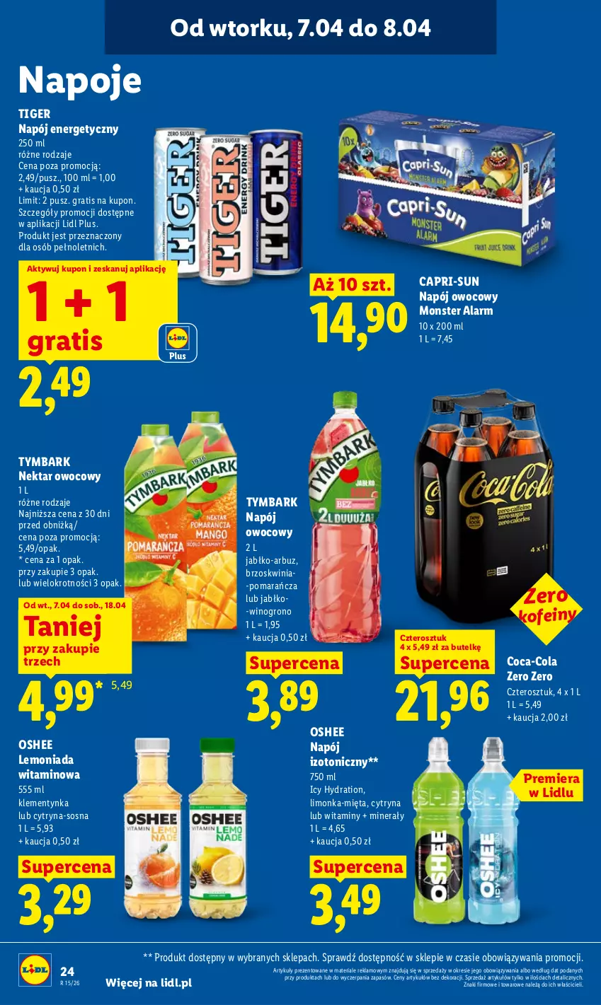 Gazetka promocyjna Lidl - Gazetka ważna od 7.04 do 8.04 - ważna 07.04 do 08.04.2026 - strona 26 - produkty: Arbuz, Coca-Cola, Gra, Lemoniada, Limonka, Mięta, Napój, Napój energetyczny, Napój izotoniczny, Napoje, Nektar, Oshee, Sos, Tiger, Tymbark, Wino
