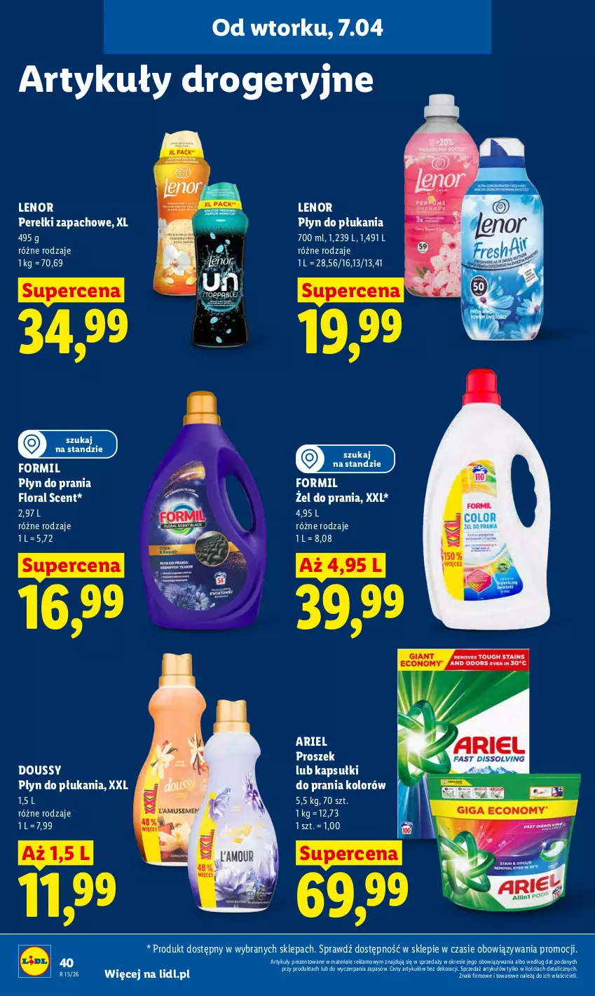 Gazetka promocyjna Lidl - Gazetka ważna od 7.04 do 8.04 - ważna 07.04 do 08.04.2026 - strona 44 - produkty: Ariel, Flora, Kapsułki do prania, Lenor, Perełki zapachowe, Płyn do płukania, Płyn do prania