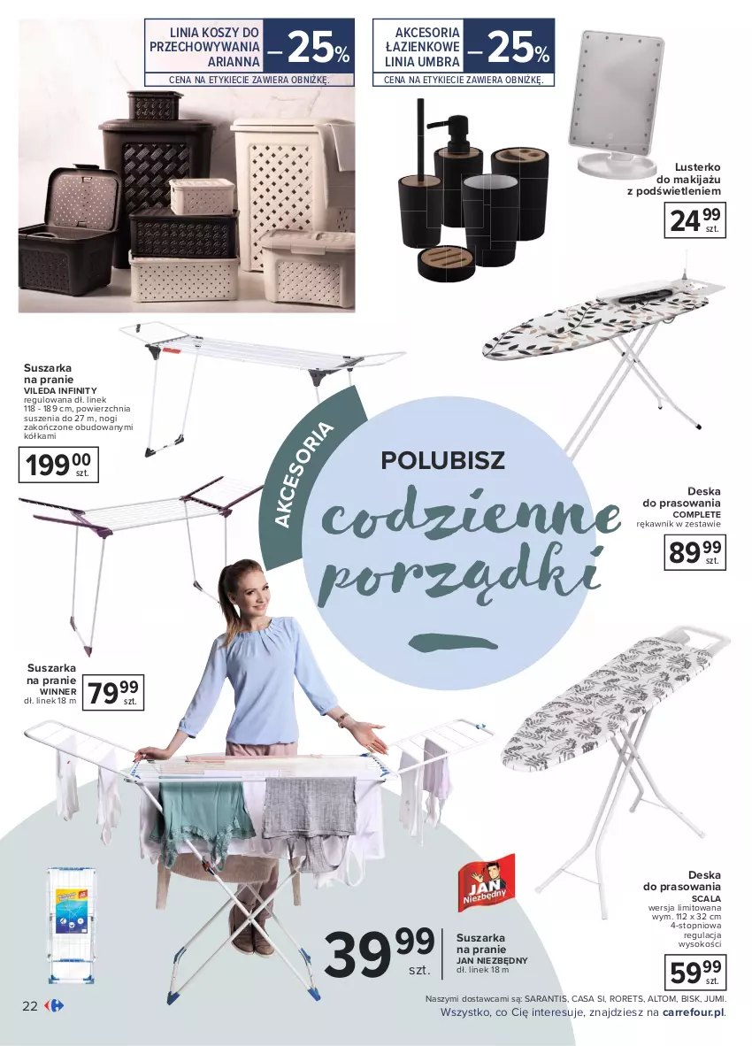 Gazetka promocyjna Carrefour - Gazetka Zimowe dni w domowym zaciszu - ważna 18.01 do 31.01.2021 - strona 22 - produkty: Deska do prasowania, Jan Niezbędny, Kosz, Makijaż, Por, Sok, Suszarka, Suszarka na pranie, Top, Vileda