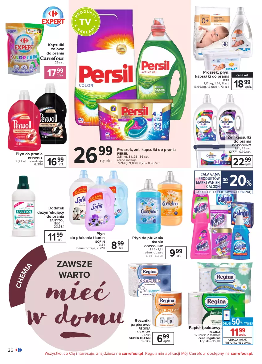 Gazetka promocyjna Carrefour - Gazetka Zimowe dni w domowym zaciszu - ważna 18.01 do 31.01.2021 - strona 26 - produkty: Calgon, Coccolino, Gin, Kapsułki do prania, LG, Papier, Papier toaletowy, Persil, Perwoll, Płyn do płukania, Płyn do prania, Ręcznik, Ręczniki papierowe, Rolki, Sanytol, Vanish