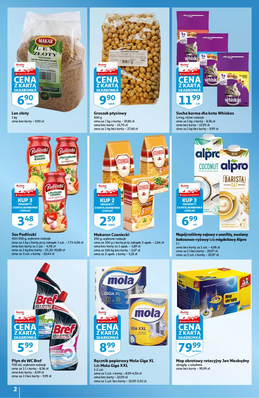 Gazetka promocyjna Auchan - Skarbonka #8 - ważna 26.02 do 03.03.2021 - strona 2 - produkty: Alpro, Bref, Fa, Groszek, Groszek ptysiowy, Jan Niezbędny, Kokos, Makaron, Mola, Mop, Napój, Napój roślinny, Papier, Płyn do wc, Pudliszki, Ręcznik, Ryż, Sos, Sucha karma, Whiskas