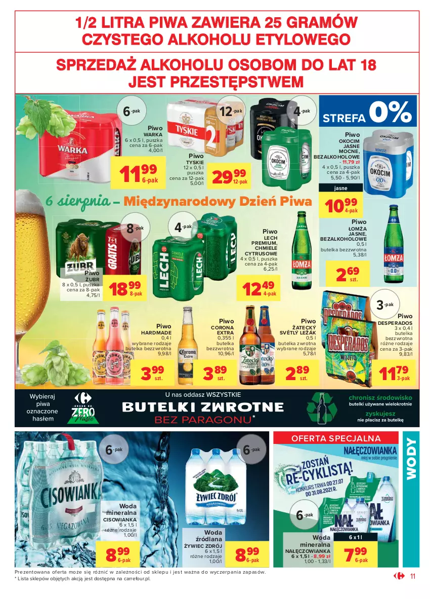 Gazetka promocyjna Carrefour - Gazetka Market - ważna 28.07 do 07.08.2021 - strona 15 - produkty: Cisowianka, Corona Extra, Desperados, Fa, Gra, Koc, LANA, Lech Premium, Nałęczowianka, Okocim, Piwa, Piwo, Tyskie, Warka, Woda, Woda mineralna