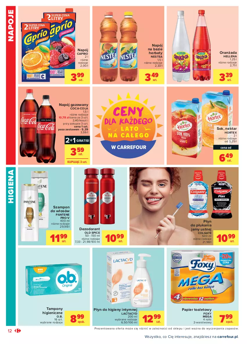 Gazetka promocyjna Carrefour - Gazetka Market - ważna 28.07 do 07.08.2021 - strona 16 - produkty: Coca-Cola, Colgate, Dezodorant, Foxy, Gra, Hellena, Hortex, Kosz, Lactacyd, LG, Napój, Napój gazowany, Napoje, Nektar, Nestea, O.B., Old Spice, Oranżada, Pantene, Papier, Papier toaletowy, Płyn do higieny intymnej, Płyn do płukania, Płyn do płukania jamy ustnej, Rolki, Sok, Szampon, Tampony