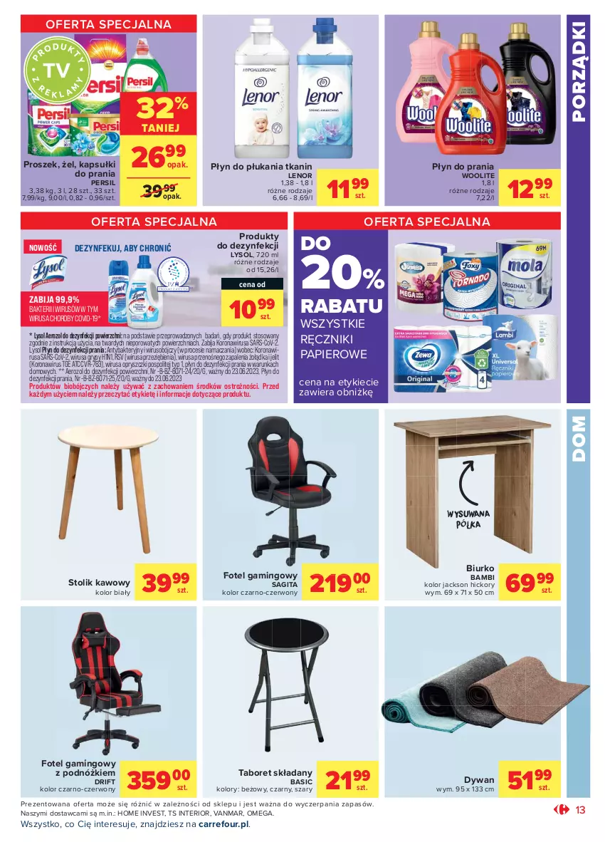 Gazetka promocyjna Carrefour - Gazetka Market - ważna 28.07 do 07.08.2021 - strona 17 - produkty: Biurko, Dywan, Fotel, Fotel gamingowy, Gry, Kapsułki do prania, Lenor, Lysol, Papier, Persil, Płyn do płukania, Płyn do prania, Półka, Por, Ręcznik, Ręczniki papierowe, Stolik, Stolik kawowy, Taboret, Taboret składany, Woolite