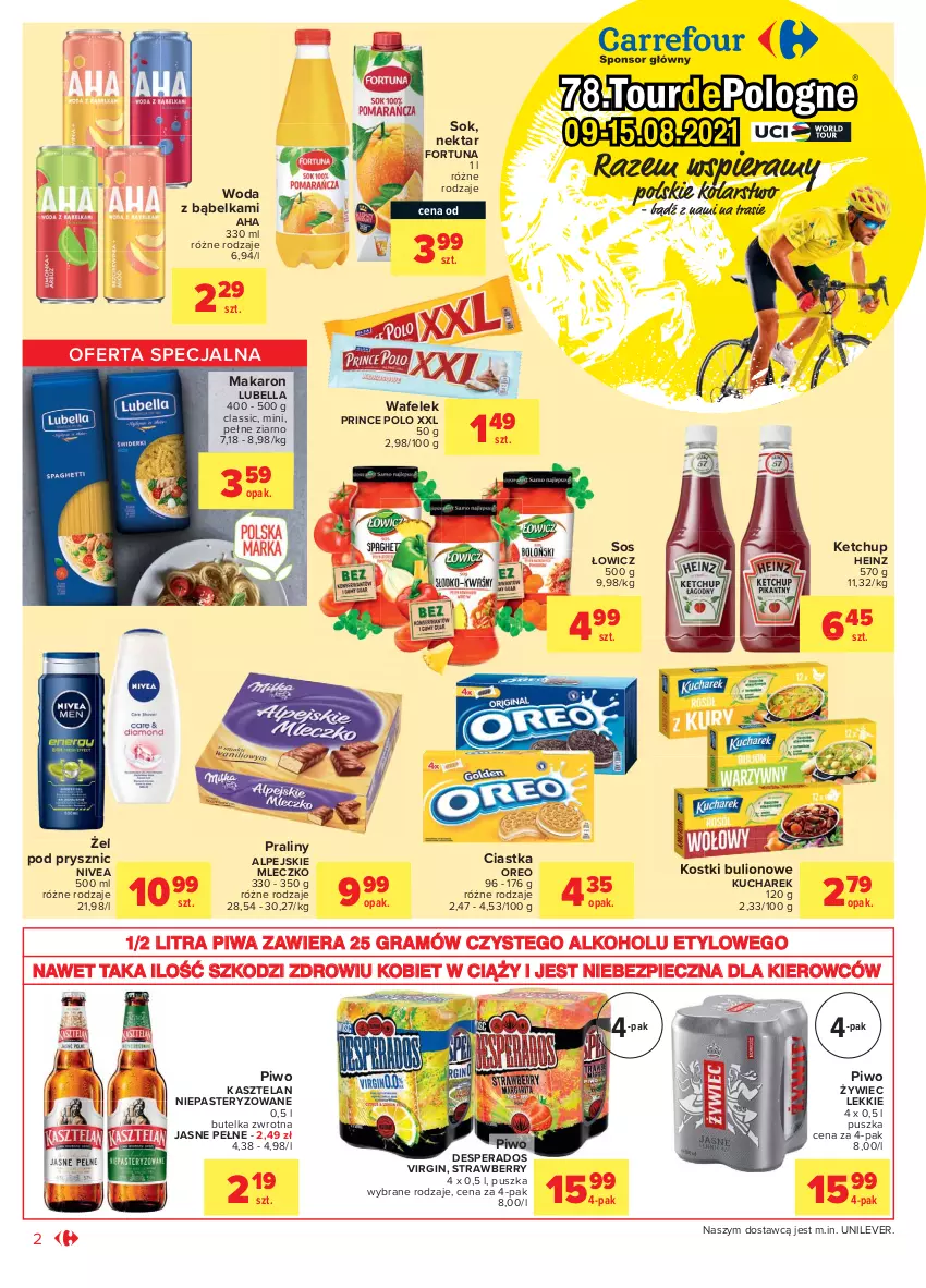 Gazetka promocyjna Carrefour - Gazetka Market - ważna 28.07 do 07.08.2021 - strona 6 - produkty: Bell, Bella, Bulion, Ciastka, Desperados, Fortuna, Gin, Gra, Heinz, Kasztelan, Ketchup, Kucharek, Lion, Lubella, Makaron, Mleczko, Nektar, Nivea, Oreo, Piec, Piwa, Piwo, Praliny, Prince Polo, Sok, Sos, Wafelek, Woda