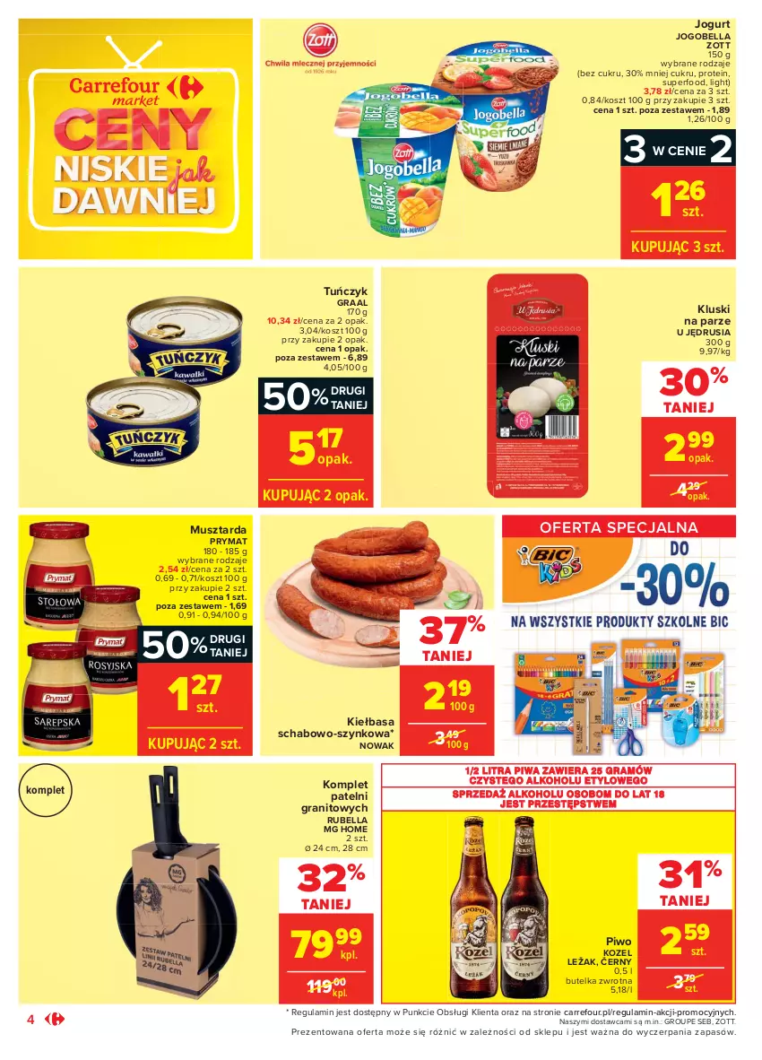 Gazetka promocyjna Carrefour - Gazetka Market - ważna 28.07 do 07.08.2021 - strona 8 - produkty: Bell, Bella, Gra, Graal, Jogobella, Jogurt, Kiełbasa, Kluski na parze, Kosz, Kozel, Mus, Musztarda, NOWAK, Piwa, Piwo, Prymat, Tuńczyk, Zott