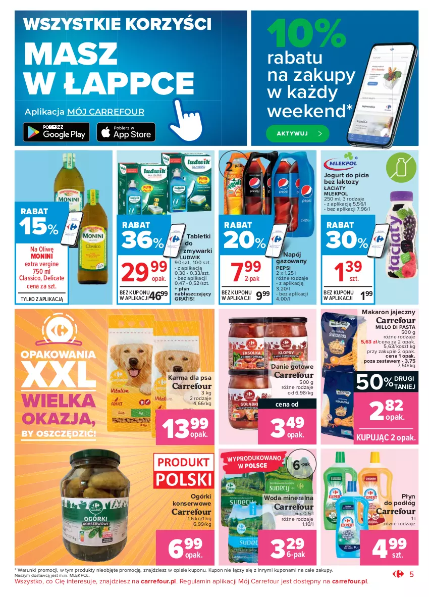 Gazetka promocyjna Carrefour - Gazetka Market - ważna 28.07 do 07.08.2021 - strona 9 - produkty: Danie gotowe, Gin, Gra, Jogurt, Kosz, Ludwik, Makaron, Monini, Napój, Napój gazowany, Ogórki konserwowe, Pepsi, Płyn nabłyszczający, Ser, Tablet, Tabletki do zmywarki, Woda, Woda mineralna, Zmywarki