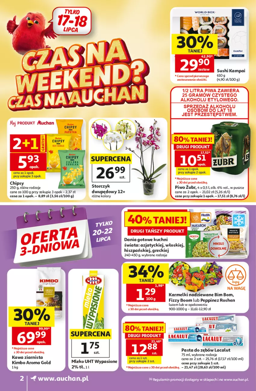 Gazetka promocyjna Auchan - Gazetka 30 Lat Supermarket Auchan - ważna 16.07 do 22.07.2026 - strona 2 - produkty: Chipsy, Dania gotowe, Fa, Kawa, Kawa ziarnista, Lacalut, Mleko, Pasta do zębów, Piwo, Sok, Storczyk, Sushi