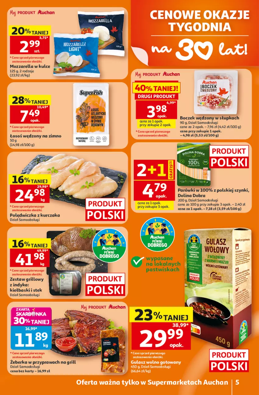 Gazetka promocyjna Auchan - Gazetka 30 Lat Supermarket Auchan - ważna 16.07 do 22.07.2026 - strona 5 - produkty: Boczek, Grill, Kurczak, Mozzarella, Parówki, Stek
