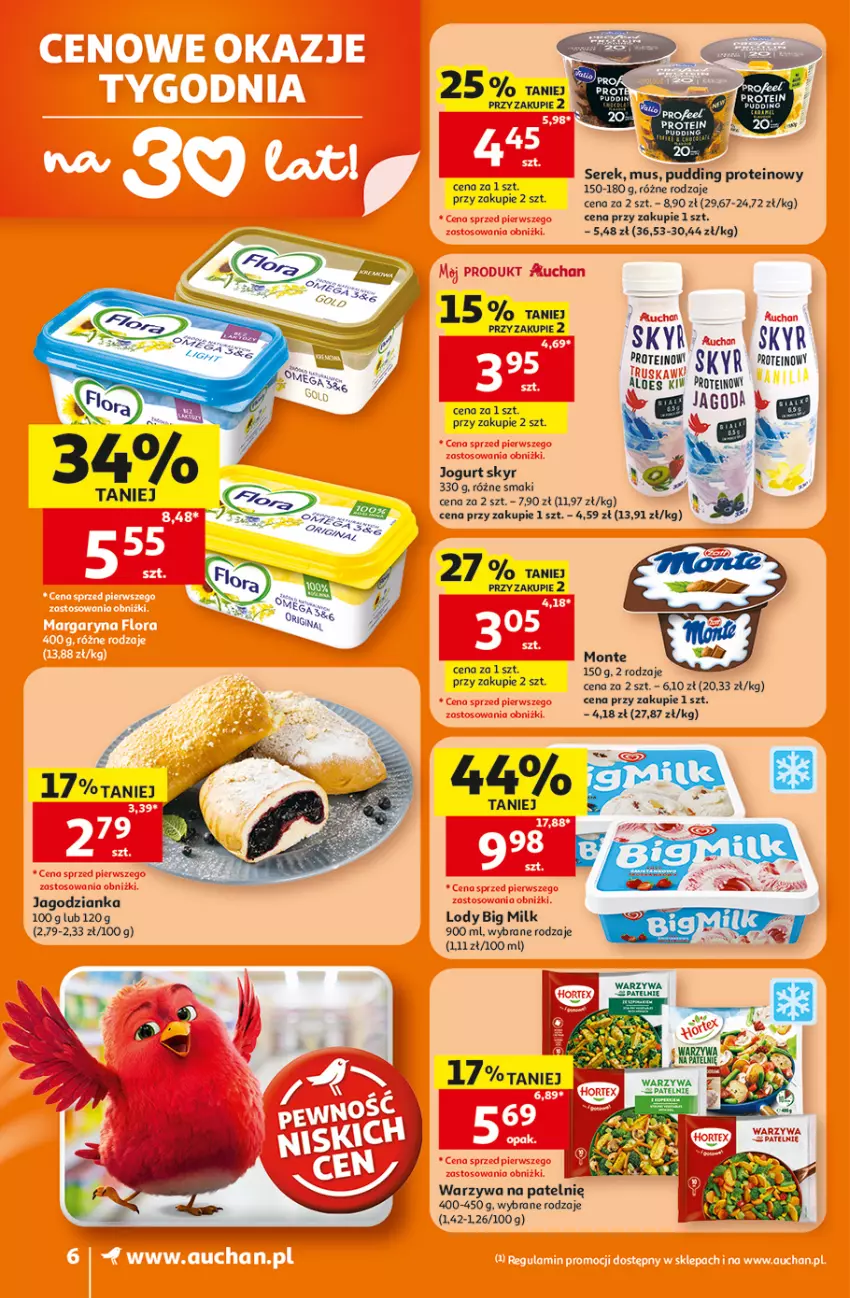 Gazetka promocyjna Auchan - Gazetka 30 Lat Supermarket Auchan - ważna 16.07 do 22.07.2026 - strona 6 - produkty: Big Milk, Jagodzianka, Jogurt, Lody, Monte, Mus, Ser, Serek, Warzywa