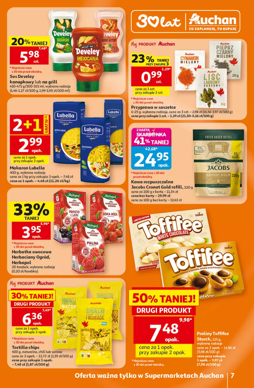 Gazetka promocyjna Auchan - Gazetka 30 Lat Supermarket Auchan - ważna 16.07 do 22.07.2026 - strona 7 - produkty: Bell, Bella, Dzika róża, Grill, Herbapol, Jacobs, Kawa, Kawa rozpuszczalna, Lubella, Makaron, Ogród, Por, Róża, Ser, Sos, Torebka, Tortilla, Tortilla Chips