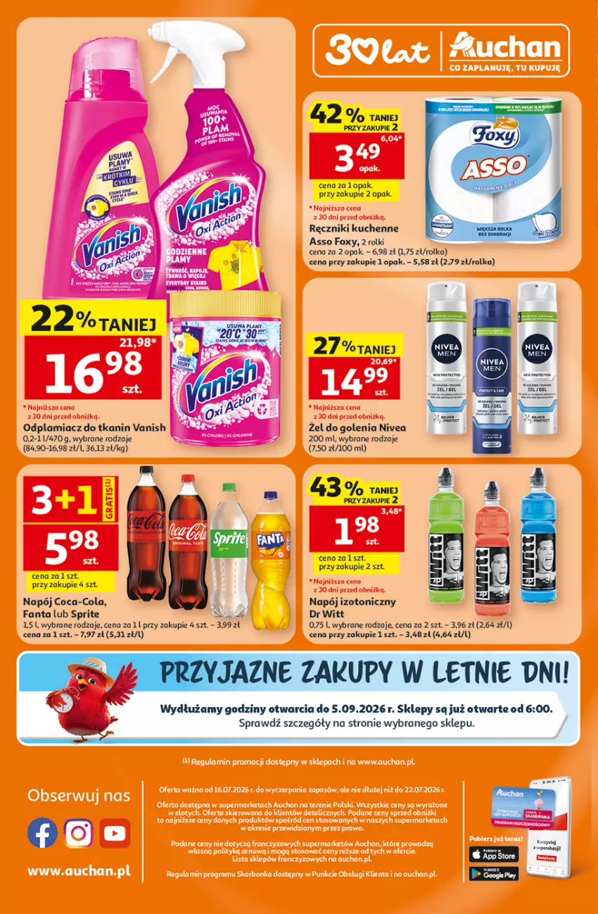 Gazetka promocyjna Auchan - Gazetka 30 Lat Supermarket Auchan - ważna 16.07 do 22.07.2026 - strona 8 - produkty: Coca-Cola, Fa, Fanta, Foxy, Napój, Napój izotoniczny, Nivea, Odplamiacz, Ręcznik, Rolki, Sprite, Vanish
