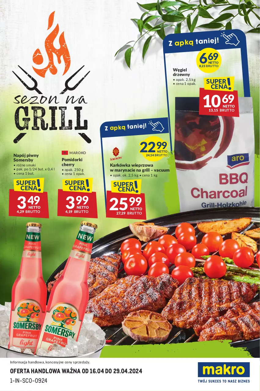 Gazetka promocyjna Makro - Sezon na grill - oferta z alkoholem - ważna 16.04 do 29.04.2024 - strona 1 - produkty: Grill, Karkówka wieprzowa, Napój, Pomidorki, Somersby, Węgiel drzewny