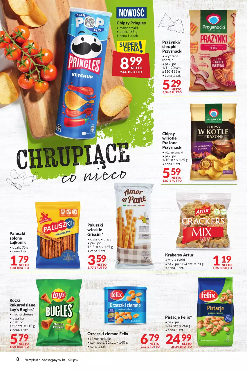 Gazetka promocyjna Makro - Sezon na grill - oferta z alkoholem - ważna 16.04 do 29.04.2024 - strona 8 - produkty: Artur, Chipsy, Chrupki, Felix, Grissini, Krakersy, Lajkonik, Lay’s, Orzeszki, Orzeszki ziemne, Pistacje, Pizza, Pringles, Przysnacki