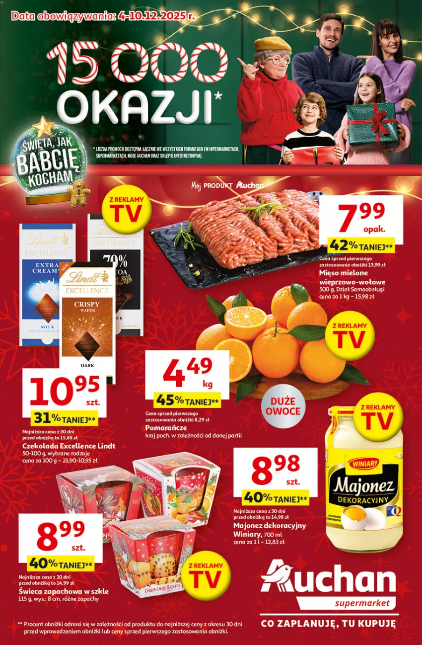 Gazetka promocyjna Auchan - Gazetka Święta jak babcię kocham Supermarket Auchan - ważna 04.12 do 10.12.2025 - strona 1 - produkty: Czekolada, Lindt, Majonez, Mięso, Mięso mielone, Pomarańcze, Winiary
