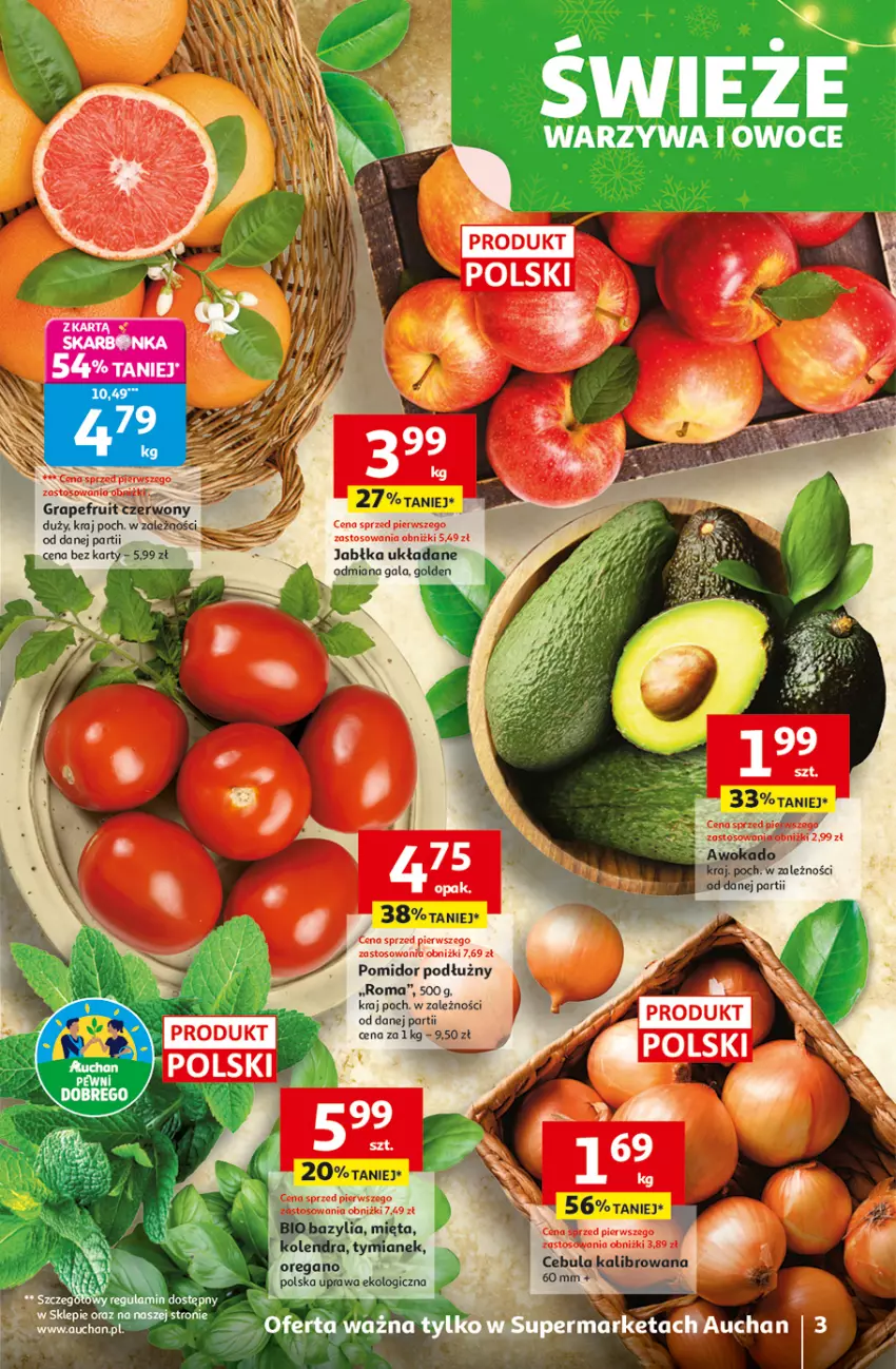 Gazetka promocyjna Auchan - Gazetka Święta jak babcię kocham Supermarket Auchan - ważna 04.12 do 10.12.2025 - strona 3 - produkty: Bazyl, Bazylia, Dres, Gala, Gra, Jabłka, Kolendra, Mięta, Owoce, Warzywa, Warzywa i owoce