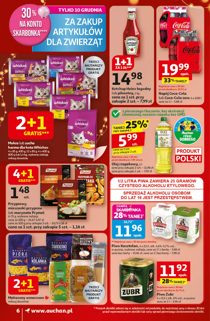 Gazetka promocyjna Auchan - Gazetka Święta jak babcię kocham Supermarket Auchan - ważna 04.12 do 10.12.2025 - strona 6 - produkty: Coca-Cola, Gra, Heinz, Kasztelan, Ketchup, Makaron, Napój, Olej, Olej rzepakowy, Piwo, Prymat, Przyprawy, Sucha karma, Whiskas