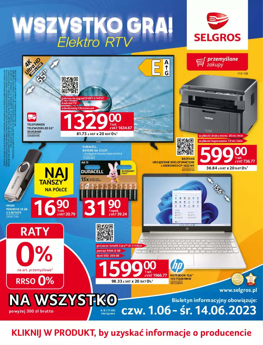 Gazetka promocyjna Selgros - Katalog Elektro - ważna 01.06 do 14.06.2023 - strona 1 - produkty: Android TV, Brother, Duracell, Fa, Hama, Intel, LG, Notebook, Papier, Pendrive, Procesor, Ser, Telewizor, Tran, Urządzenie wielofunkcyjne