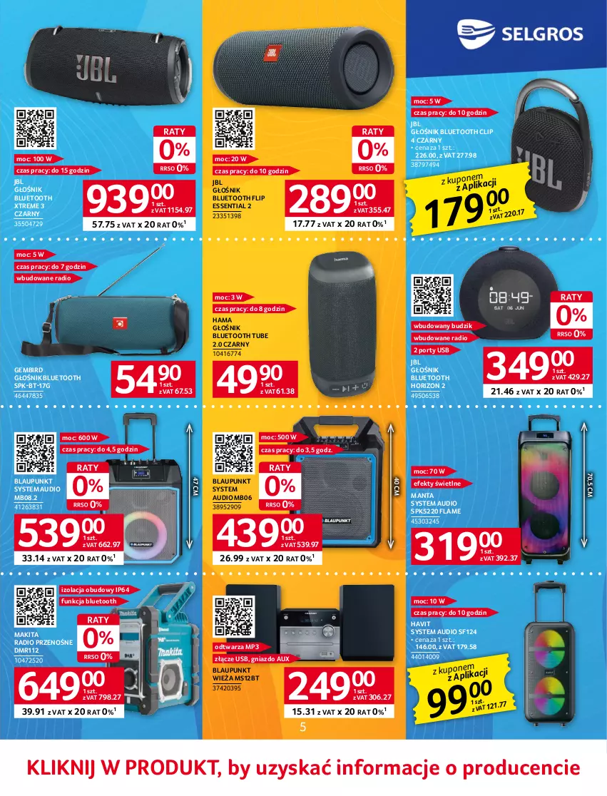 Gazetka promocyjna Selgros - Katalog Elektro - ważna 01.06 do 14.06.2023 - strona 5 - produkty: Budzik, Głośnik, Głośnik bluetooth, Hama, JBL, Makita, Manta, Por