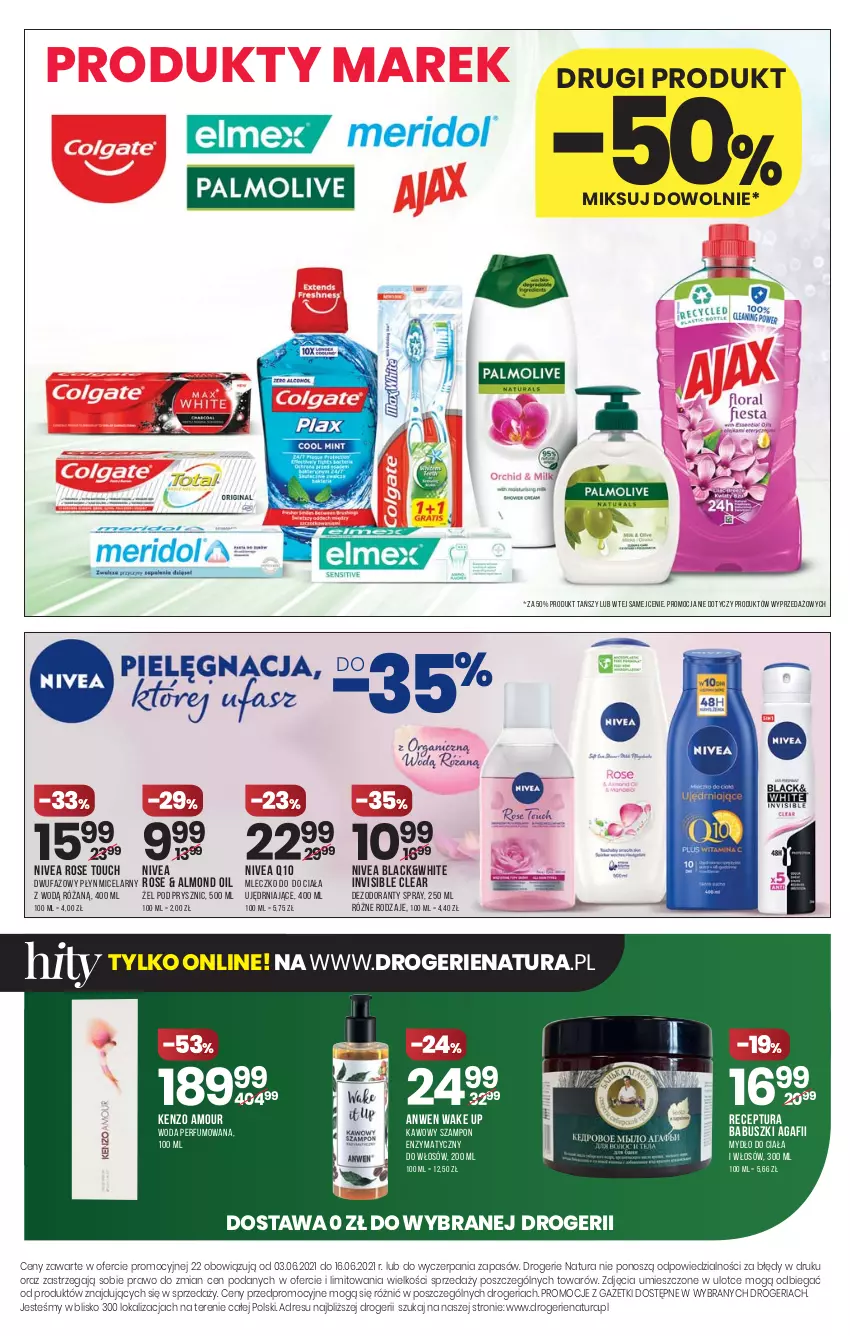 Gazetka promocyjna Drogerie Natura - Gazetka Drogerie Natura - ważna 03.06 do 16.06.2021 - strona 16 - produkty: Dezodorant, Fa, Kenzo, Lack, Mleczko, Mydło, Nivea, Nivea Q10, Perfum, Płyn micelarny, Róża, Szampon, Woda, Woda perfumowana