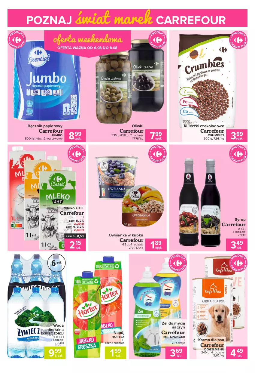 Gazetka promocyjna Carrefour - Gazetka Express - ważna 02.08 do 09.08.2021 - strona 4 - produkty: Do mycia naczyń, Hortex, Mleko, Napój, Oliwki, Owsianka, Papier, Ręcznik, Rum, Syrop, Woda, Woda mineralna