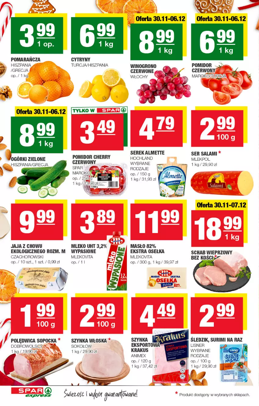 Gazetka promocyjna Spar - SparExpress - ważna 27.11 do 07.12.2022 - strona 2 - produkty: Almette, Cytryny, Hochland, Jaja, Krakus, Lisner, Masło, Mleko, Mlekovita, Polędwica, Salami, Schab wieprzowy, Ser, Ser salami, Serek, Sok, Sokołów, Szynka, Wino