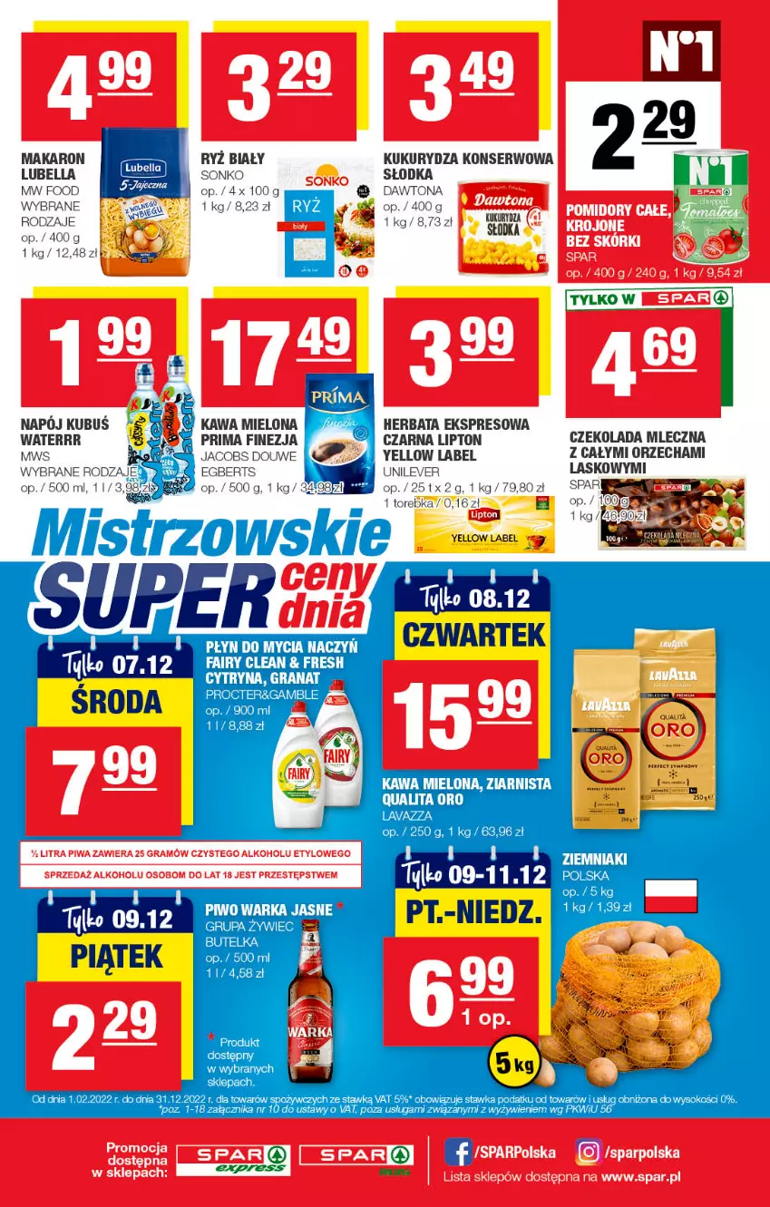 Gazetka promocyjna Spar - SparExpress - ważna 27.11 do 07.12.2022 - strona 4 - produkty: Bell, Bella, Czekolada, Czekolada mleczna, Dawtona, Do mycia naczyń, Fa, Fairy, Gra, Granat, Herbata, Jacobs, Kawa, Kawa mielona, Kukurydza, Kukurydza konserwowa, Lavazza, Lipton, Lubella, Makaron, Napój, Płyn do mycia, Płyn do mycia naczyń, Prima, Ryż, Ryż biały, Ser, Sok, Sonko, Torebka