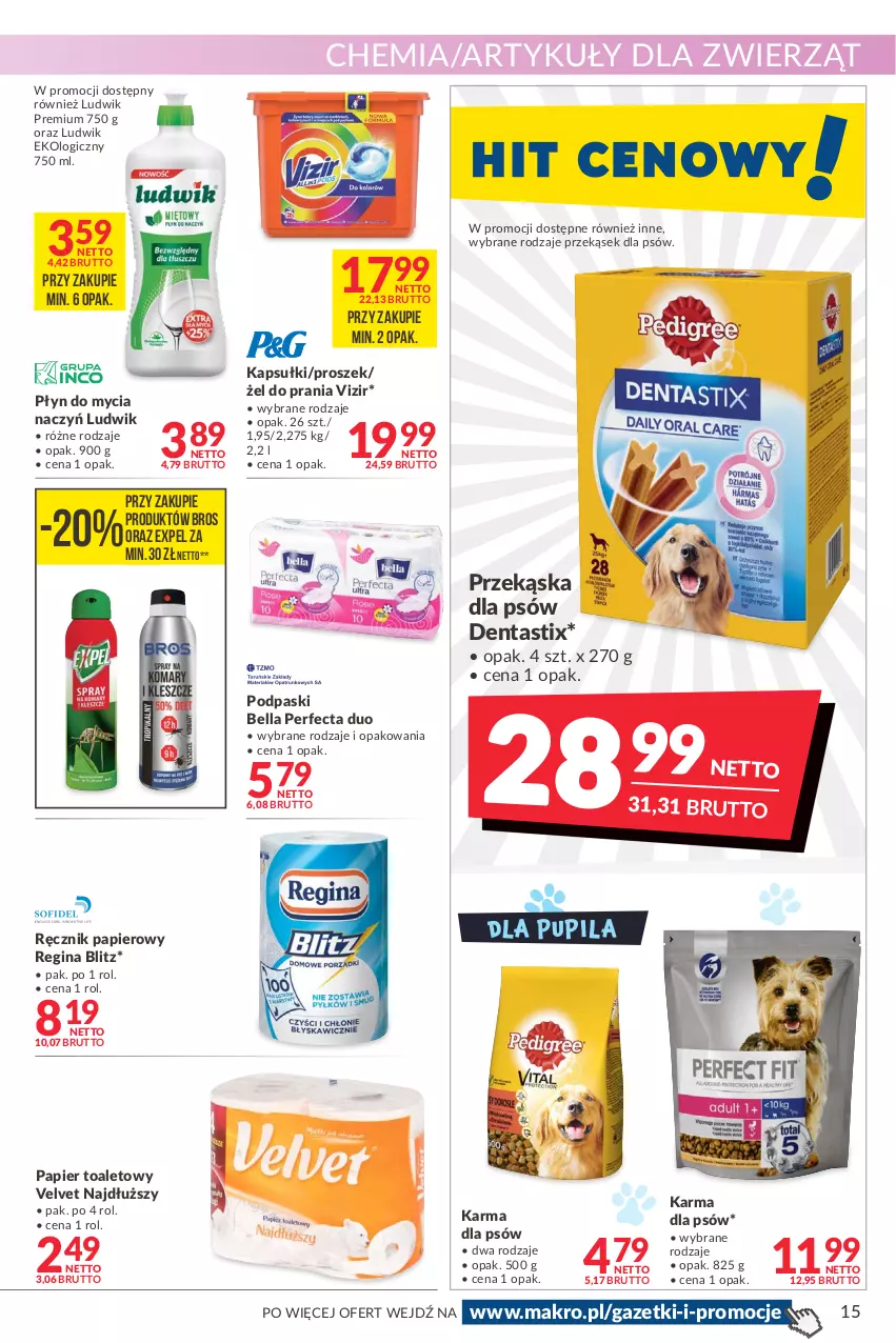 Gazetka promocyjna Makro - [Oferta promocyjna] Artykuły spożywcze i przemysłowe - ważna 04.05 do 16.05.2022 - strona 15 - produkty: Bell, Bella, Do mycia naczyń, Gin, Ludwik, Papier, Papier toaletowy, Perfecta, Płyn do mycia, Płyn do mycia naczyń, Podpaski, Przekąska dla psów, Ręcznik, Velvet, Vizir