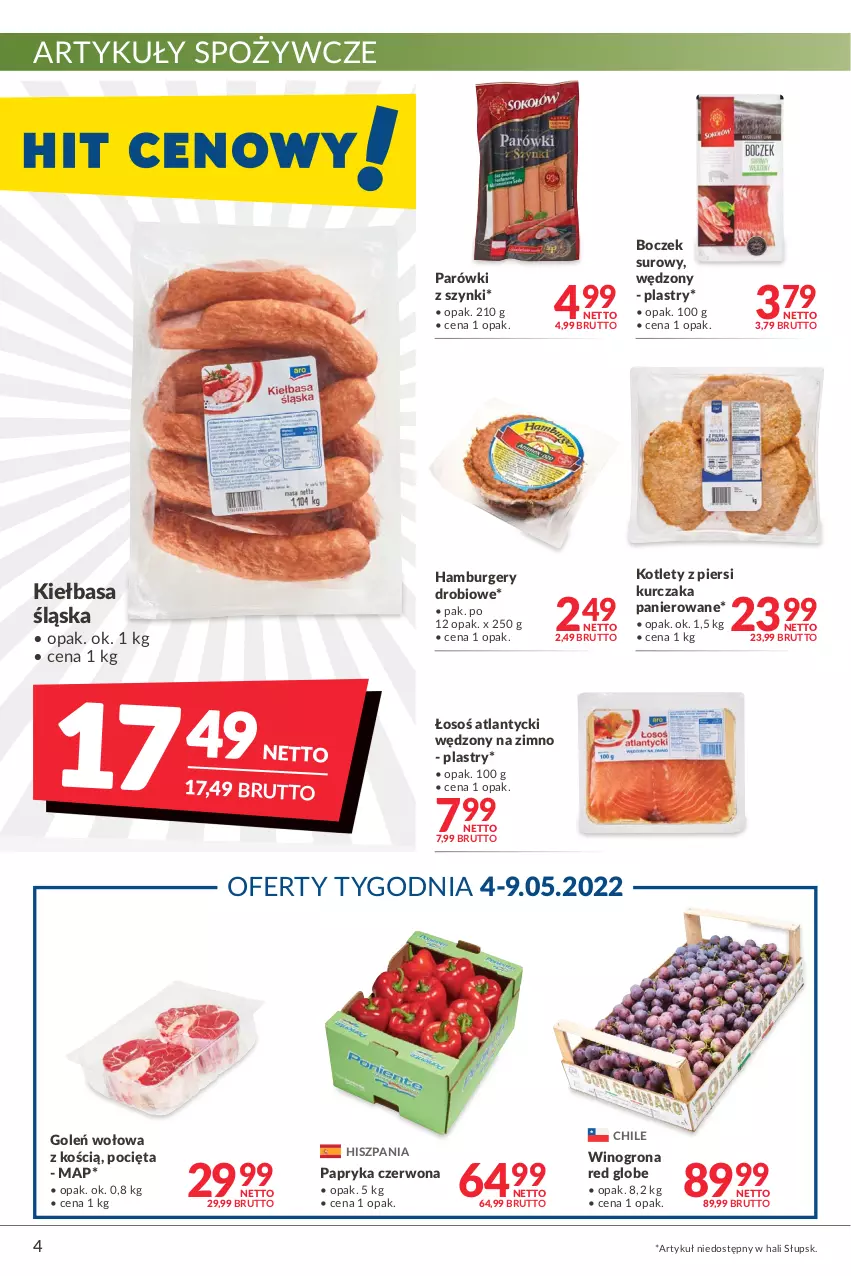 Gazetka promocyjna Makro - [Oferta promocyjna] Artykuły spożywcze i przemysłowe - ważna 04.05 do 16.05.2022 - strona 4 - produkty: Artykuły spożywcze, Boczek, Burger, Hamburger, Kiełbasa, Kiełbasa śląska, Kotlet, Kurczak, Papryka, Papryka czerwona, Parówki, Parówki z szynki, Wino, Winogrona