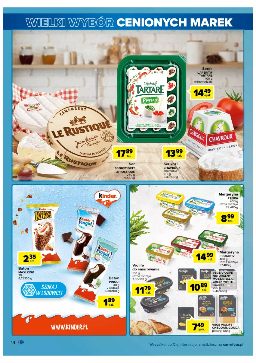 Gazetka promocyjna Carrefour - Gazetka Wielki wybór cenionych marek - ważna 02.11 do 12.11.2022 - strona 14 - produkty: Baton, Camembert, Cheddar, Fa, Flora, Gouda, Gouda plastry, Kawa, Margaryna, Ser, Ser kozi, Tarta, Tartare, Wałek