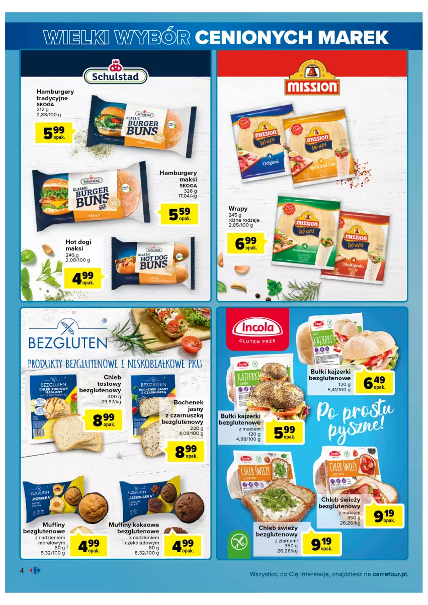 Gazetka promocyjna Carrefour - Gazetka Wielki wybór cenionych marek - ważna 02.11 do 12.11.2022 - strona 4 - produkty: Burger, Chleb, Hamburger, Hot dog, Kakao, Muffiny