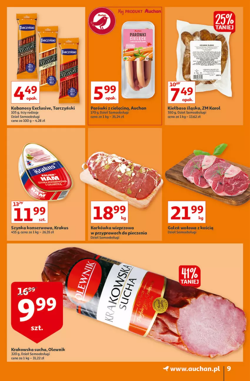 Gazetka promocyjna Auchan - Jesienne hiperokazje Hipermarkety - ważna 04.11 do 10.11.2021 - strona 9 - produkty: Kabanos, Karkówka wieprzowa, Kiełbasa, Kiełbasa śląska, Krakus, Olewnik, Parówki, Piec, Ser, Szynka, Szynka konserwowa, Tarczyński