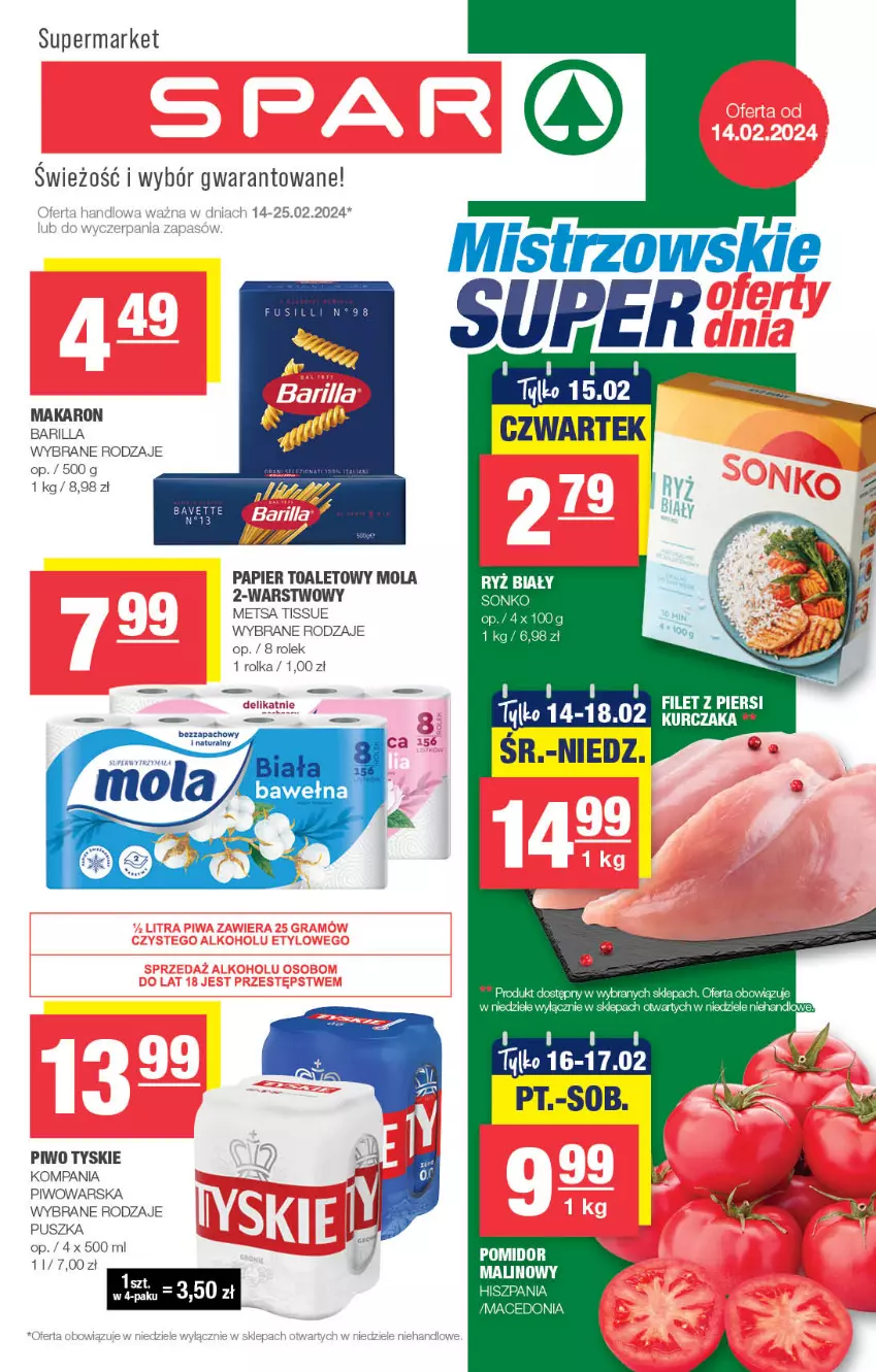 Gazetka promocyjna Spar - Spar - ważna 11.02 do 21.02.2024 - strona 1 - produkty: Barilla, Kurczak, Makaron, Mola, Papier, Papier toaletowy, Piwo, Ryż, Ryż biały, Tyskie