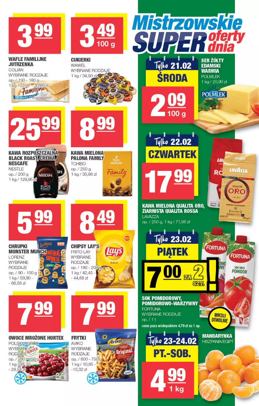 Gazetka promocyjna Spar - Spar - ważna 11.02 do 21.02.2024 - strona 7 - produkty: Chipsy, Cukier, Cukierki, Fa, Frytki, Hortex, Jutrzenka, Kawa, Kawa mielona, Kawa rozpuszczalna, Lack, Lorenz, Owoce, Sok, Tchibo, Wafle, Wawel