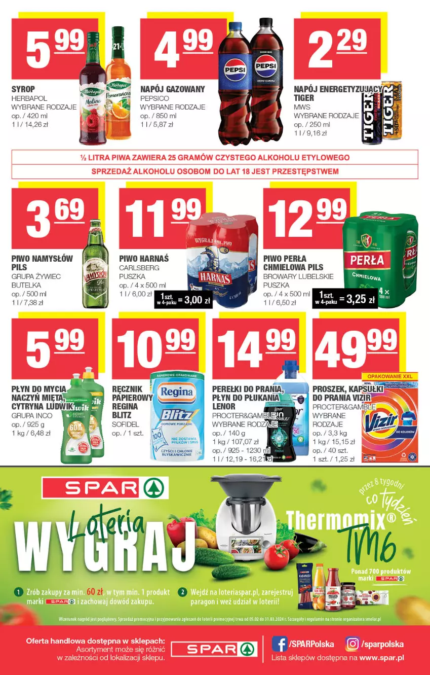 Gazetka promocyjna Spar - Spar - ważna 11.02 do 21.02.2024 - strona 8 - produkty: Carlsberg, Herbapol, Lenor, Mięta, Namysłów, Pepsi, Perła, Piwo, Płyn do mycia, Płyn do płukania, Syrop, Tiger, Vizir