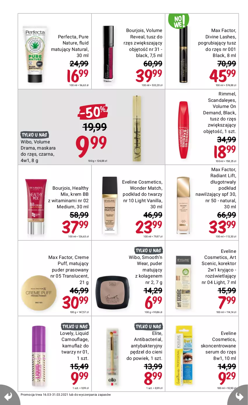 Gazetka promocyjna Rossmann - Marzec II - ważna 16.03 do 31.03.2021 - strona 12 - produkty: Bourjois, Divine, Eveline, Fa, Kolagen, Krem bb, Lack, Maska, Maskara, Max Factor, Perfecta, Puder, Pur, Rama, Tran, Tusz, Wibo