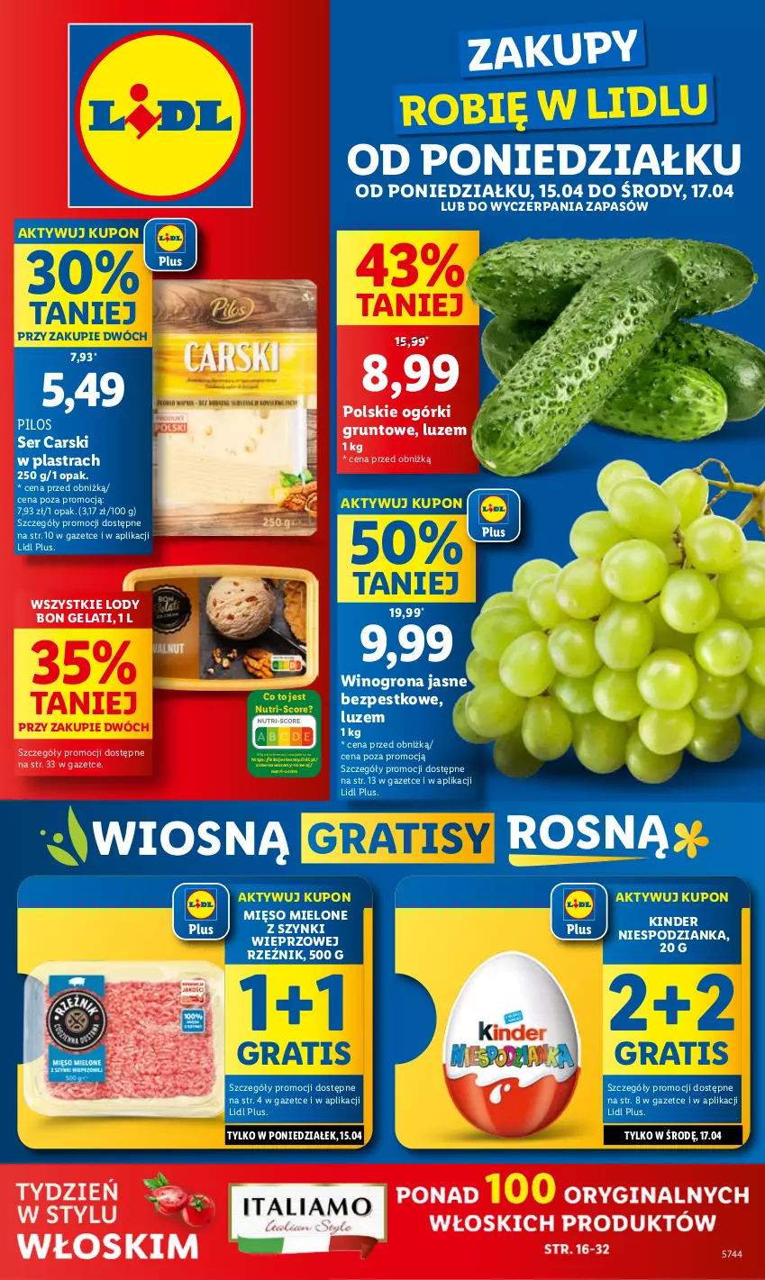 Gazetka promocyjna Lidl - GAZETKA - ważna 15.04 do 17.04.2024 - strona 1 - produkty: Cars, Gra, Grunt, Kinder, Lody, Mięso, Mięso mielone, Mięso mielone z szynki, Pilos, Ser, Wazon, Wino, Winogrona