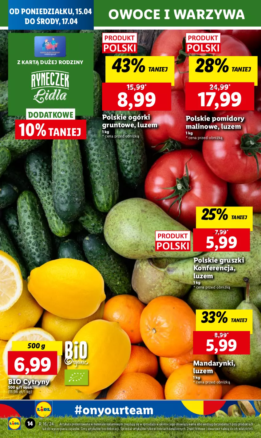 Gazetka promocyjna Lidl - GAZETKA - ważna 15.04 do 17.04.2024 - strona 14 - produkty: Chleb, Cytryny, Grunt, Gruszki, Mandarynki, Owoce, Pomidory, Ser, Warzywa