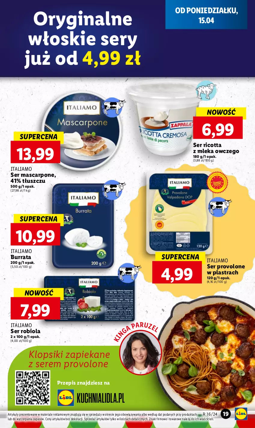 Gazetka promocyjna Lidl - GAZETKA - ważna 15.04 do 17.04.2024 - strona 19 - produkty: Burrata, Gin, Klopsiki, Mascarpone, Ricotta, Ser