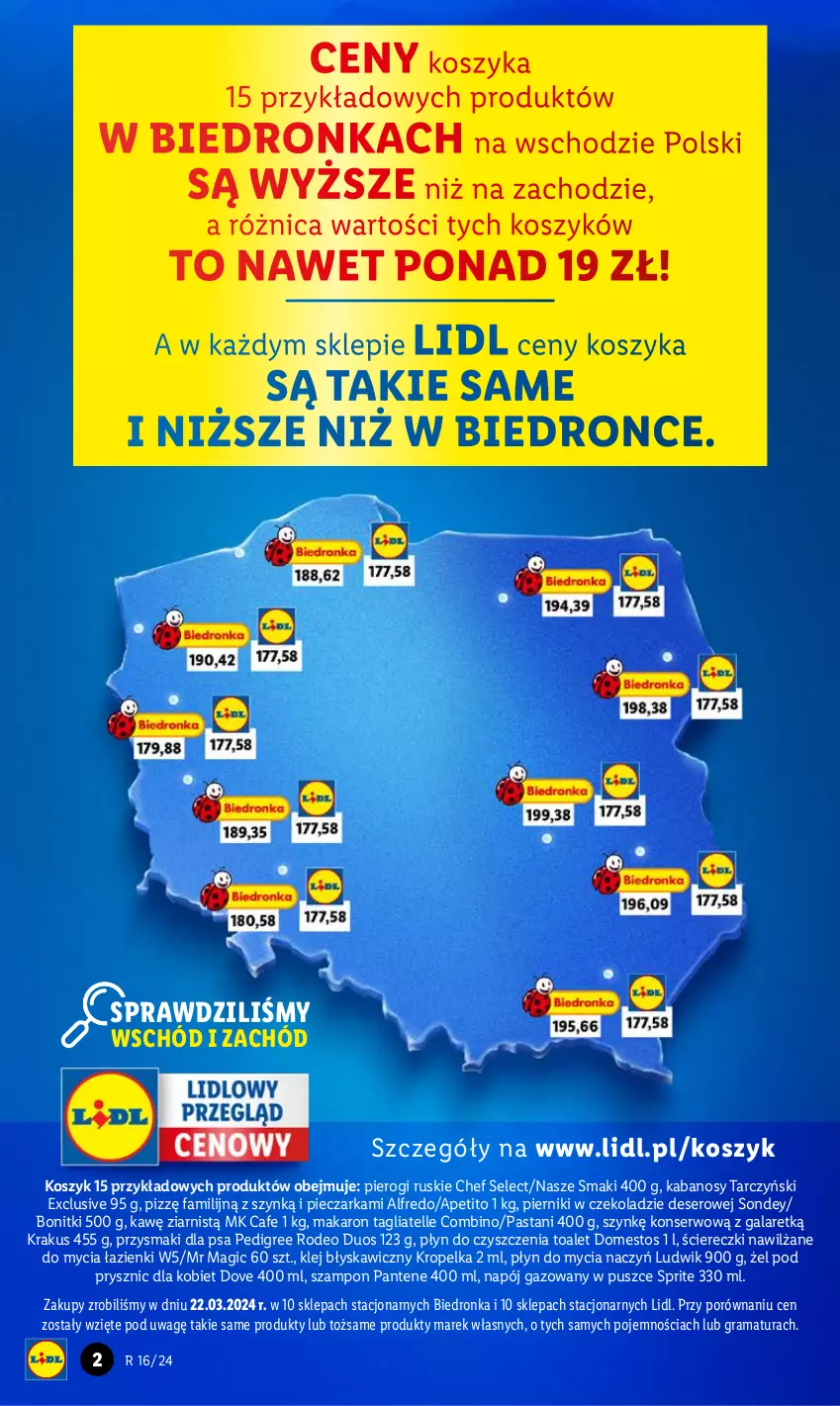 Gazetka promocyjna Lidl - GAZETKA - ważna 15.04 do 17.04.2024 - strona 2 - produkty: Bonitki, Deser, Do mycia naczyń, Domestos, Dove, Dron, Fa, Gala, Gra, Kabanos, Klej, Kosz, Krakus, Ludwik, Makaron, Napój, Napój gazowany, Pantene, Pedigree, Piec, Pieczarka, Piernik, Pierniki w czekoladzie, Pierogi, Płyn do mycia, Płyn do mycia naczyń, Por, Przysmaki, Rama, Ser, Sprite, Szampon, Tagliatelle, Tarczyński