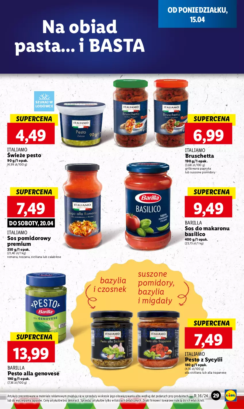 Gazetka promocyjna Lidl - GAZETKA - ważna 15.04 do 17.04.2024 - strona 29 - produkty: Barilla, Bazyl, Bazylia, Czosnek, Grill, Makaron, Migdały, Papryka, Pesto, Pomidory, Sos, Sos do makaronu, Sos pomidorowy, Suszone pomidory