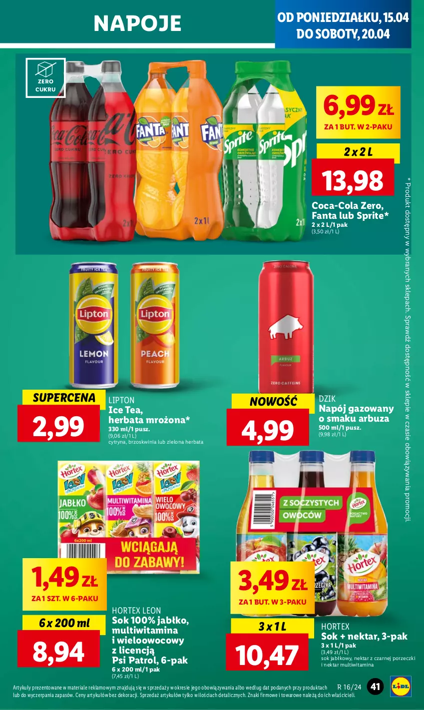 Gazetka promocyjna Lidl - GAZETKA - ważna 15.04 do 17.04.2024 - strona 41 - produkty: Arbuz, Coca-Cola, Fa, Fanta, Herbata, Hortex, Ice tea, Leon, Lipton, Napój, Napój gazowany, Napoje, Nektar, Por, Psi Patrol, Sok, Sok jabłkowy, Sprite