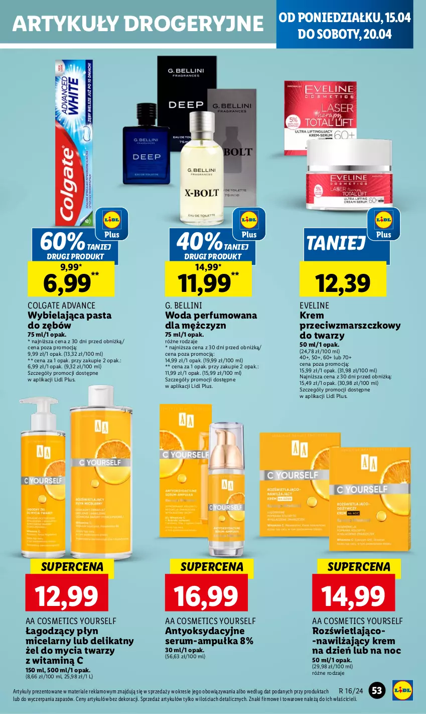 Gazetka promocyjna Lidl - GAZETKA - ważna 15.04 do 17.04.2024 - strona 57 - produkty: Bell, Colgate, Eveline, Krem na dzień, Krem przeciwzmarszczkowy, LG, Mars, Pasta do zębów, Perfum, Płyn micelarny, Rum, Ser, Serum, Woda, Woda perfumowana