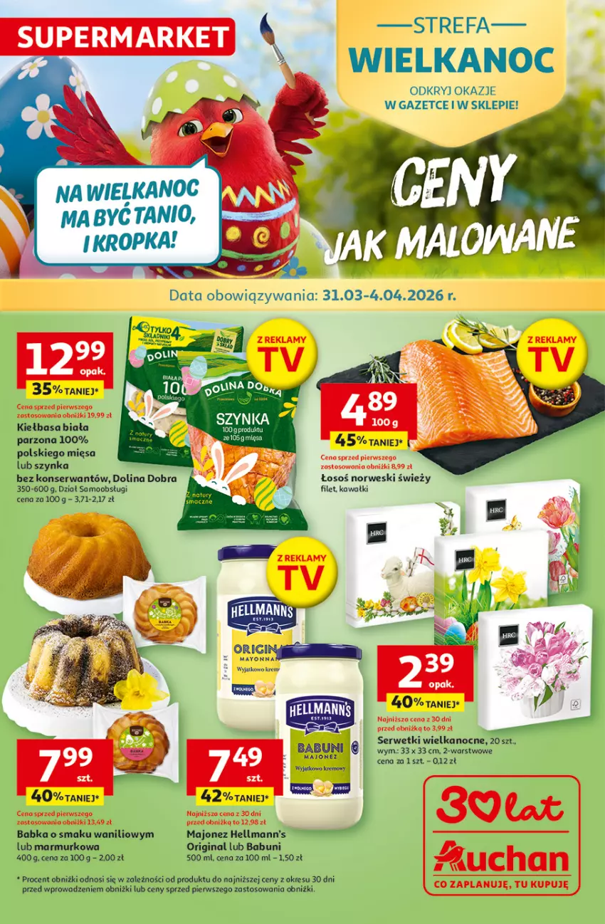 Gazetka promocyjna Auchan - Gazetka 30 Lat Supermarket Auchan - ważna 31.03 do 04.04.2026 - strona 1 - produkty: Babka, Babuni, Fa, Gin, Kawa, Kiełbasa, Kiełbasa biała, Majonez, Ser, Serwetki, Szynka