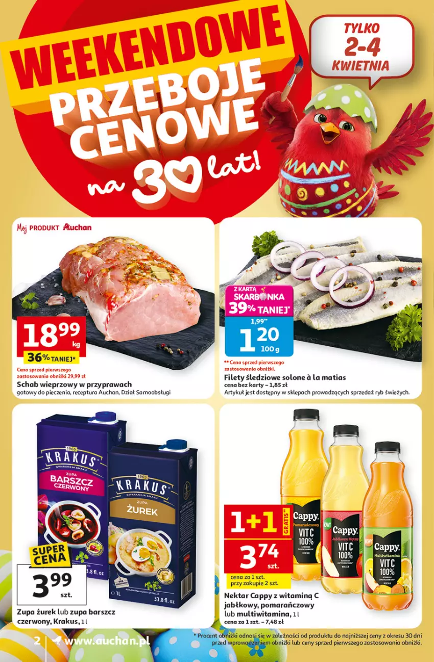 Gazetka promocyjna Auchan - Gazetka 30 Lat Supermarket Auchan - ważna 31.03 do 04.04.2026 - strona 2 - produkty: Cappy, Krakus, Piec, Schab wieprzowy, Zupa