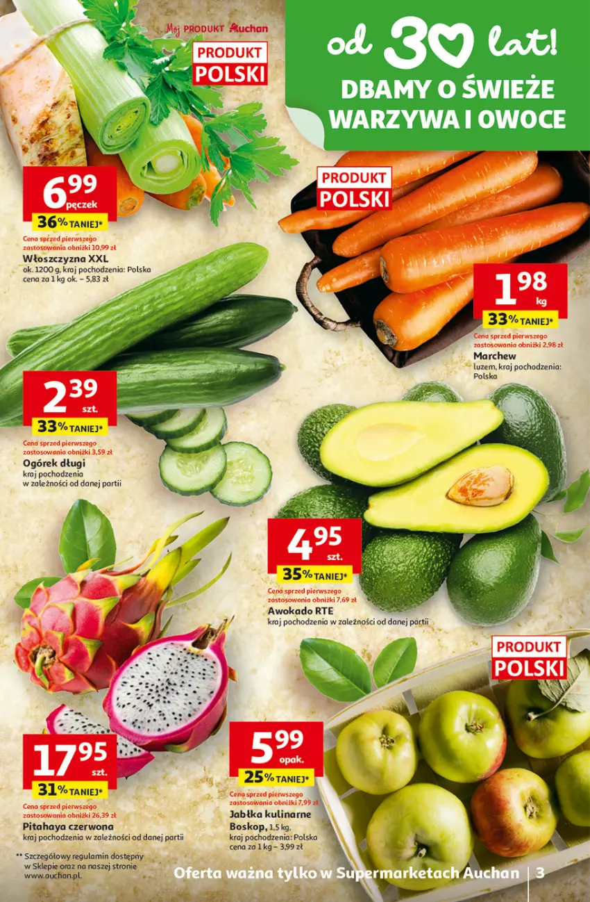 Gazetka promocyjna Auchan - Gazetka 30 Lat Supermarket Auchan - ważna 31.03 do 04.04.2026 - strona 3 - produkty: Jabłka, Ogórek, Pitahaya