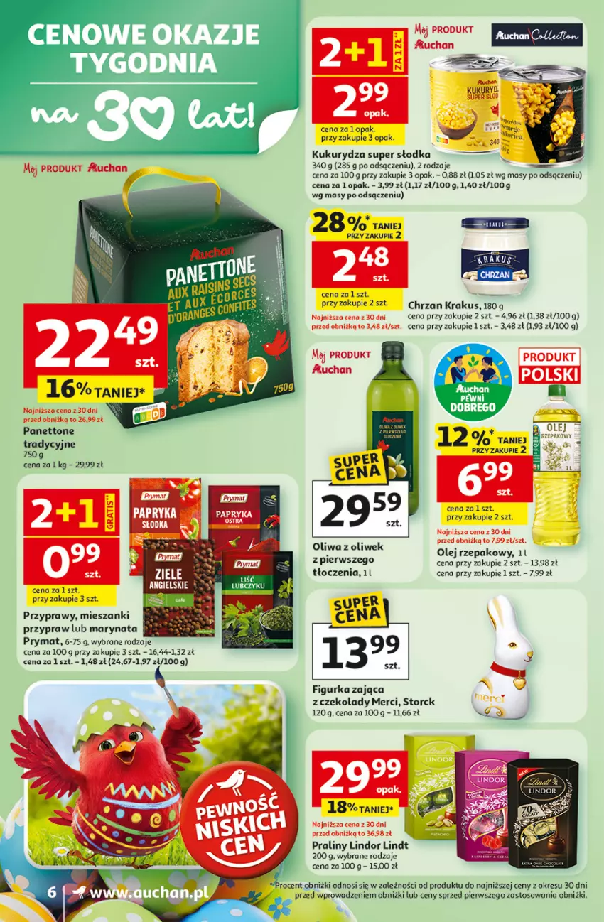 Gazetka promocyjna Auchan - Gazetka 30 Lat Supermarket Auchan - ważna 31.03 do 04.04.2026 - strona 6 - produkty: Chrzan, Krakus, Kukurydza, Lindor, Lindt, Merci, Olej, Olej rzepakowy, Oliwa z oliwek, Praliny, Prymat, Przyprawy