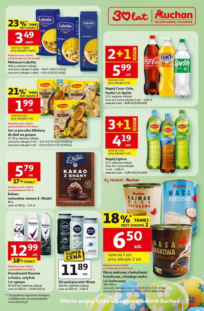 Gazetka promocyjna Auchan - Gazetka 30 Lat Supermarket Auchan - ważna 31.03 do 04.04.2026 - strona 7 - produkty: Bell, Bella, Coca-Cola, Dezodorant, E. Wedel, Fa, Fanta, Kakao, Kokos, Lipton, Lubella, Makaron, Napój, Nivea, Rexona, Sos, Sprite, Winiary