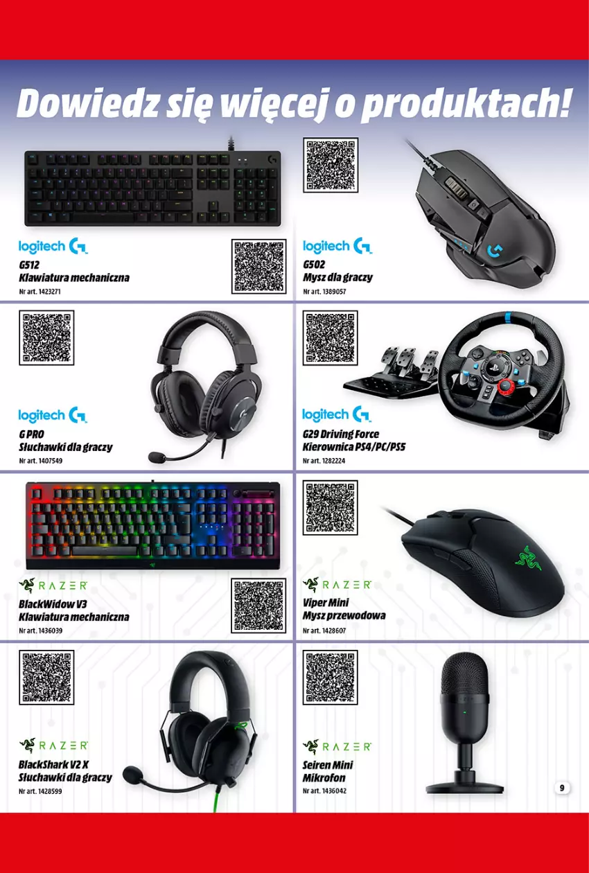 Gazetka promocyjna Media Markt - Gazetka Media Markt - ważna 04.08 do 31.08.2022 - strona 9 - produkty: Gra, Kierownica, Klawiatura, Lack, Logitech, Mikrofon, Mysz, Razer, Słuchawki