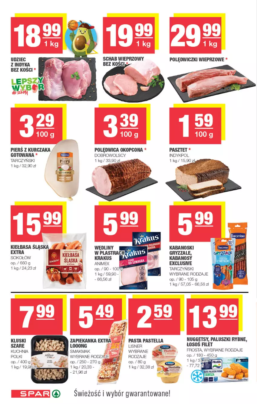 Gazetka promocyjna Spar - Spar - ważna 25.08 do 04.09.2024 - strona 4 - produkty: Frosta, Gry, Kabanos, Kiełbasa, Krakus, Kuchnia, Kurczak, Lisner, Paluszki rybne, Pastella, Pasztet, Polędwica, Schab wieprzowy, Sok, Sokołów, Sos, Tarczyński, Udziec z indyka, Zapiekanka